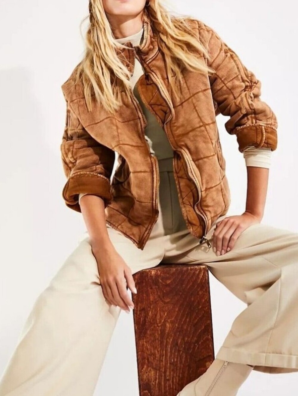 Free People Dolman Quilted Knit Jacket in Toasted Coconut Tan Size S Y2K Boho